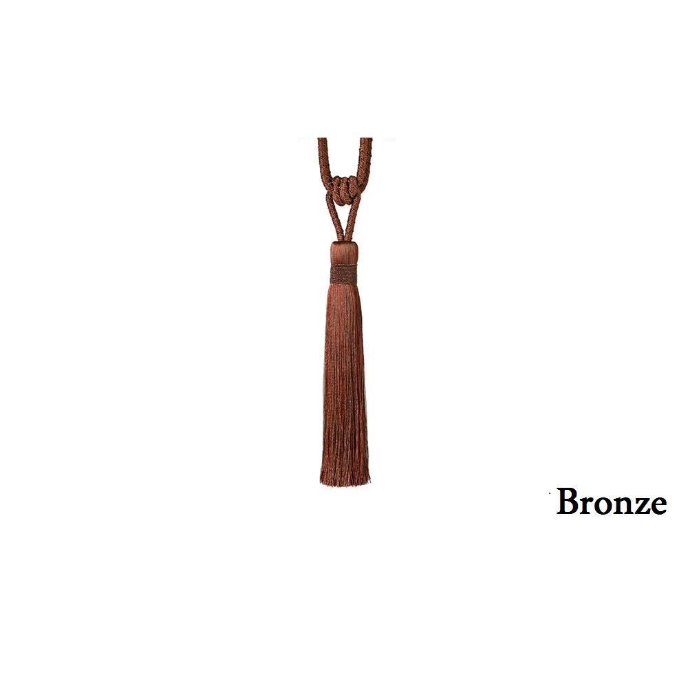 Metallic tieback with a braided rope and gimp detailing on the body